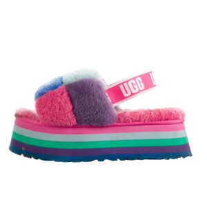 Ugg Women Checker Rainbow Pink Blue Green Shearling Platform Ankle Strap Slide 7